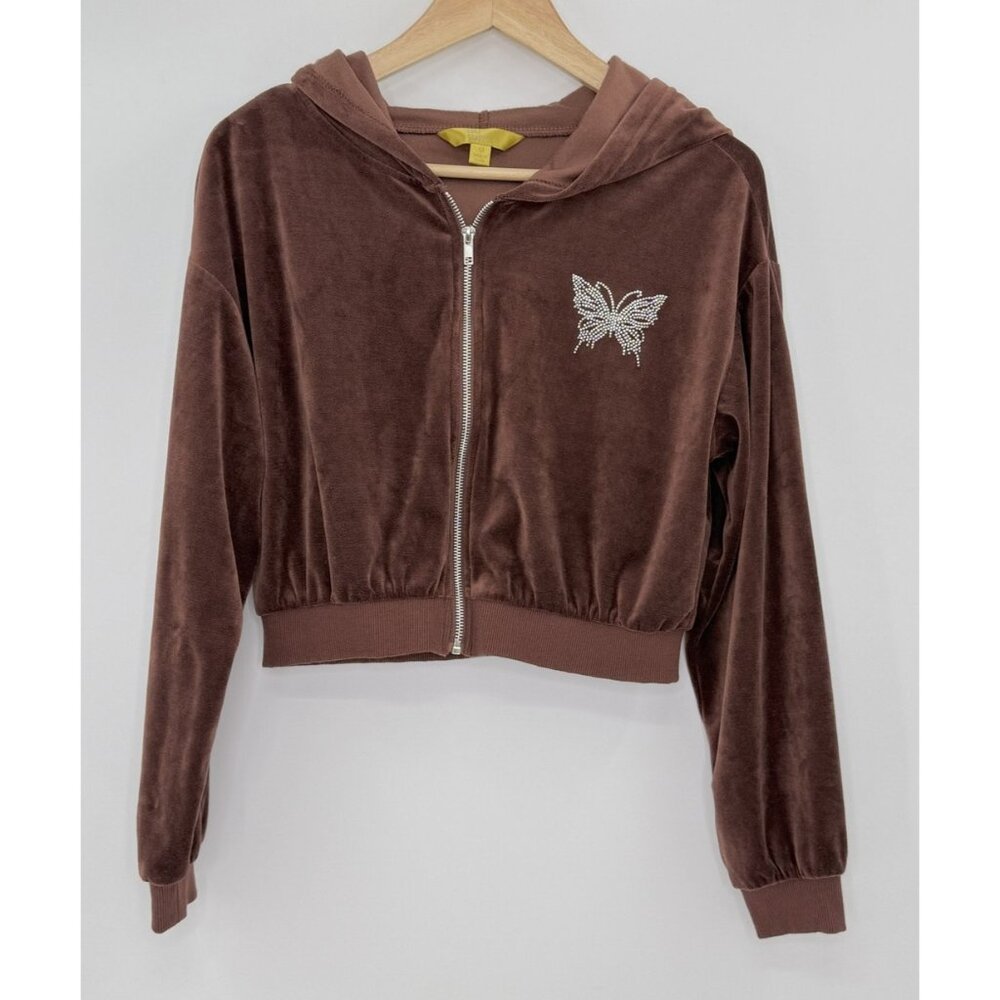 Cult Favorite Hoodie Velour Zip Up‎ Butterfly Rhinestone Jacket Sz M Y2K Hipster